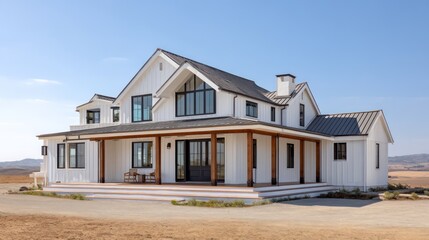 Modern farmhouse American home blending white siding with dark window trims barn-style roof and wide veranda surrounded by