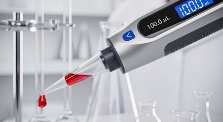 Close-up of a scientist using a digital pipette to dispense a red liquid in a laboratory setting.