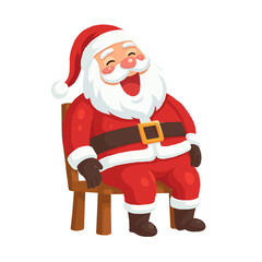Jolly Santa Claus laughing while resting on a chair, spreading Christmas cheer and holiday joy with his iconic suit and beard, perfect for seasonal promotions