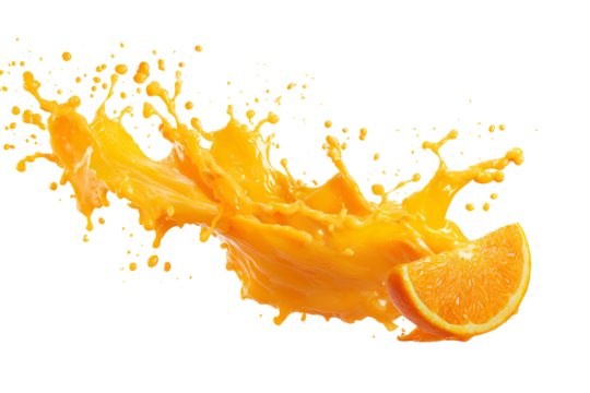 Orange juice splash with orange slice isolated on transparent background