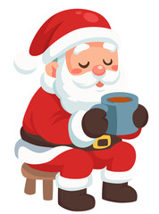 Cozy Santa Claus cartoon character relaxing with hot cocoa, spreading holiday cheer, perfect for festive cards, ads, and seasonal designs for winter promotions