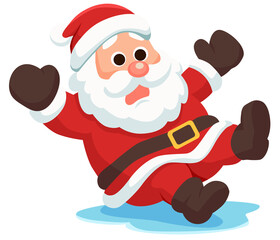 Hilarious Santa Claus slips on ice cartoon illustration brings festive cheer to holiday designs, perfect for cards, banners and promotional materials