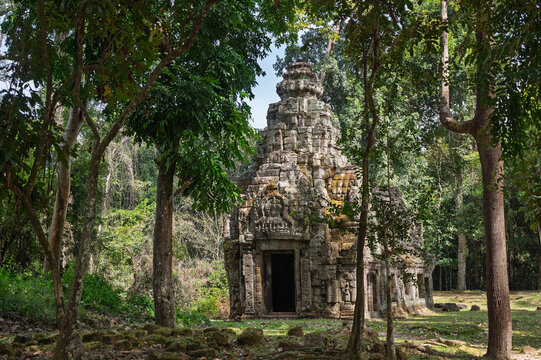 Small ancient stone tower standing alone in middle of green forest at angkor wat archaeological site in siem reap