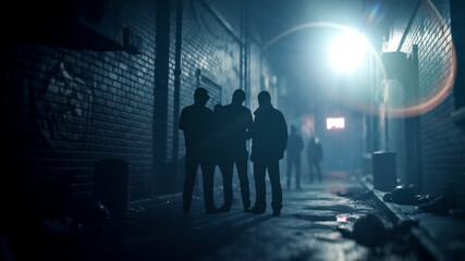 Three dangerous criminal silhouettes standing together in dark alleyway at night urban crime...
