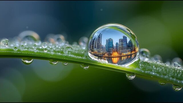 City skyline reflection inside morning dew drop on a grass blade, macro photography of urban nature fusion