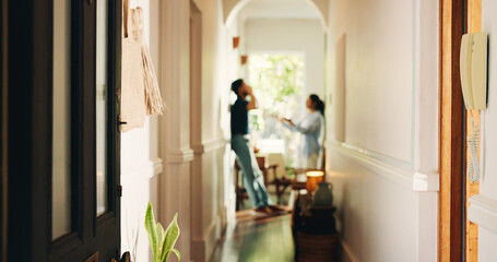 Frustrated couple, fight or hallway with argument, conflict or disagreement for breakup in home....