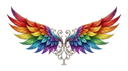 Fototapeta premium Vibrant rainbow angel wings with intricate swirls and flourishes on a white background symbolizing hope and freedom