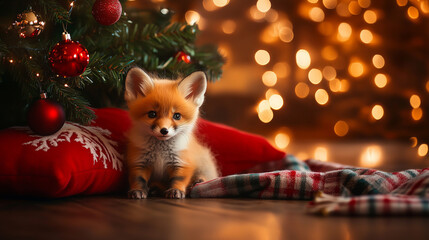 A small fox sitting by a Christmas tree with gifts in a cozy holiday atmosphere