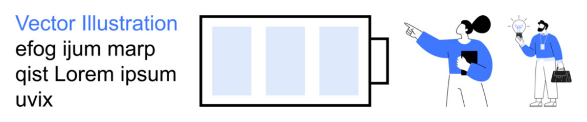 Productivity, teamwork, energy management, creativity, innovation, motivation. Battery icon with individuals pointing and communicating. Productivity and teamwork concept