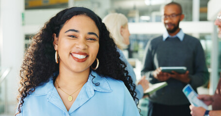 Business, portrait and smile of woman with colleagues in office for about us, ambition or development. Company, creative or satisfaction and happy employee person in workplace with team for workshop