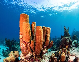 Submerged scene features vibrant orange sponges and underwater sunlight