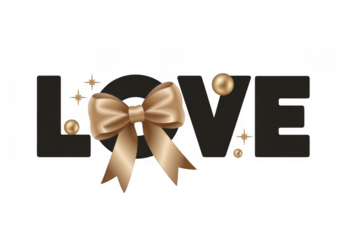 Gold satin bow with sparkling stars and spheres on the word L O V E isolated on a transparent background
