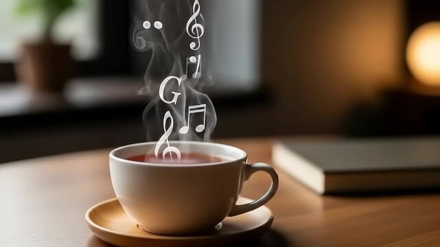 Steaming cup of tea with musical notes rising from it, creating a harmonious and relaxing atmosphere.