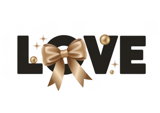 Gold satin bow with sparkling stars and spheres on the word L O V E isolated on a transparent background