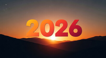 Year 2026 text with warm gradient over a serene mountain sunset landscape