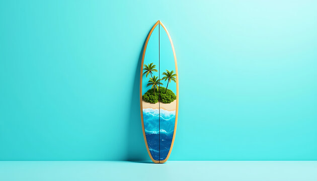 Tropical Island and Ocean Beach on Surfboard Concept