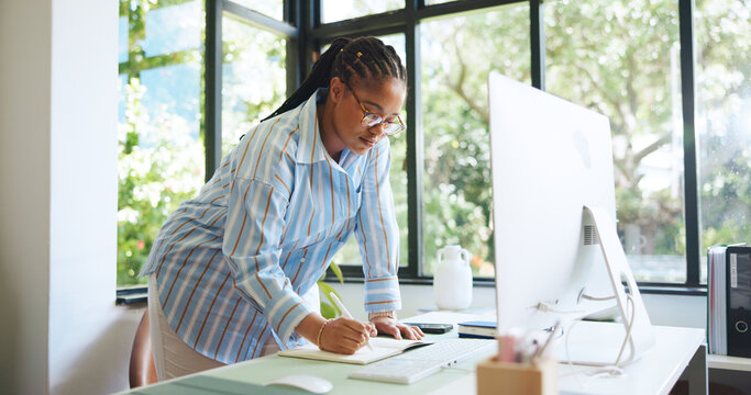 Freelancer, computer and writing with black woman in home office for web designer, research and notebook. Blog developer, remote worker and homepage portfolio with person in house for online project - Powered by Adobe