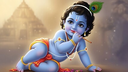 Cute Baby Krishna Figurine in Traditional Clothing with Peacock Feather Playing Flute in Mythological Scene