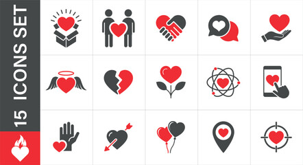 Collection of love and relationship icons. Isolated on a white background, vector graphics. 
Including romance, emotion, relationship, care, connection, broken heart, angel heart, heart with wings