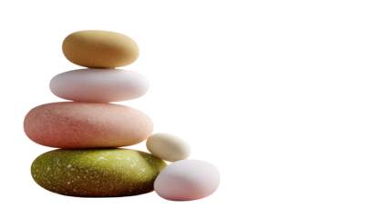 Stacked stones balancing: A serene arrangement of smooth, colorful stones, meticulously stacked in a harmonious balance. a symbol of balance, meditation, and tranquility.