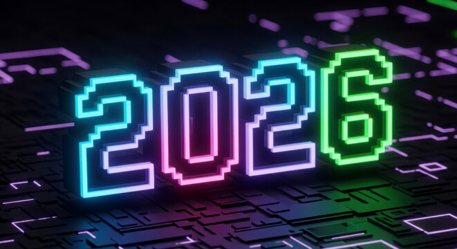 Pixelated neon glowing 2026 on digital circuit board background technology
