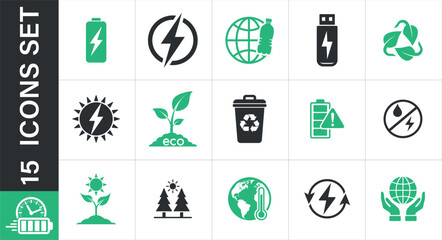 Set of eco-friendly and sustainable energy icons. A set of clean, modern icons related to 
environmental protection, renewable energy, and power management