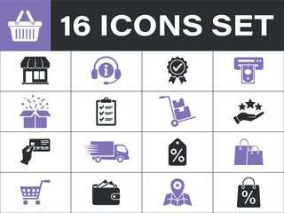 E-commerce icons set. E-commerce and online shopping icons set for business and retail. store, 
customer service, delivery, payment, and customer satisfaction
