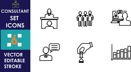 Minimal consultant icon set featuring presentation, teamwork, virtual meeting, communication, strategy planning, and growth analytics, displayed in clean editable stroke vector style layout design