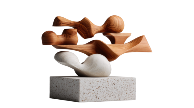 Abstract Sculpture: A minimalist composition of sculpted wood and stone elements, showcasing the elegance of geometric forms and organic textures.