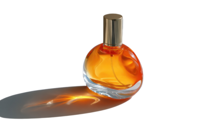 Golden Fragrance Essence: A luxurious perfume bottle, displaying its amber-colored elixir, casting an elegant shadow that dances in the light, showcasing the allure of sophisticated scent.