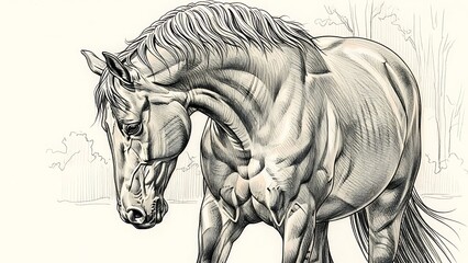 Detailed Black and White Artistic Drawing of a Muscular Horse in Natural Setting