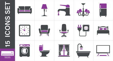 Home interior icons set. Including sofa, couch, lamp, floor lamp, faucet, tap, chandelier. 
furniture icon set