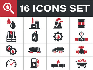 Oil and gas industry icons set. Including oil, gas, fuel, factory, plant, refinery, pipeline, valve, 
truck, tanker, barrel. Industrial Energy and Resources Icons Set