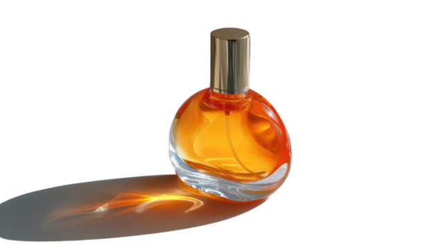 Golden Fragrance Essence: A luxurious perfume bottle, displaying its amber-colored elixir, casting an elegant shadow that dances in the light, showcasing the allure of sophisticated scent.