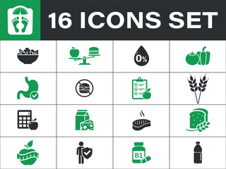 Healthy lifestyle icons representing diet, nutrition, and wellness. Healthy lifestyle and nutrition 
icons showcasing balanced diet and wellness