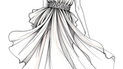 Elegant Woman in Flowing Dress with Embellished Waist Standing in Artistic Style