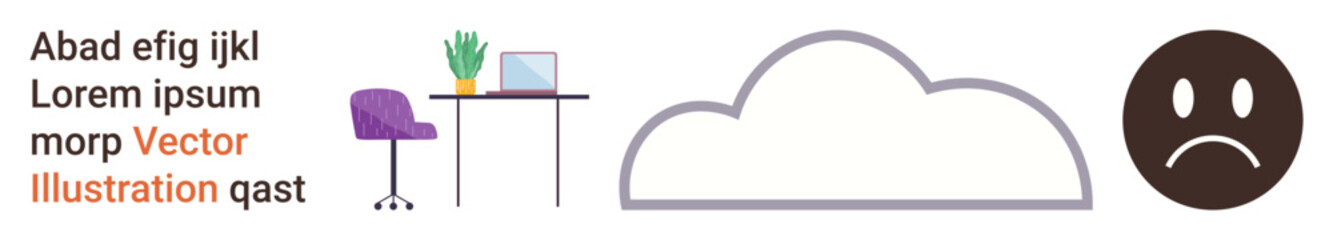 Productivity, workspace organization, cloud storage, emotions, digital tools, technology. Office desk with a computer and plant, a cloud outline and a sad emotion. Productivity and emotions concept