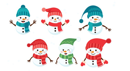 A collection of six cute and happy cartoon snowmen wearing colorful winter hats and scarves for the holiday season.