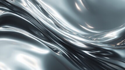 Molten metallic liquid surface captured mid-wave glimmering with silver and graphite tones Reflections create intricate flowing patterns without