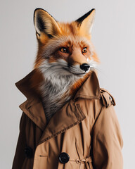 Anthropomorphic fox wearing a beige trench coat on a clean studio background
