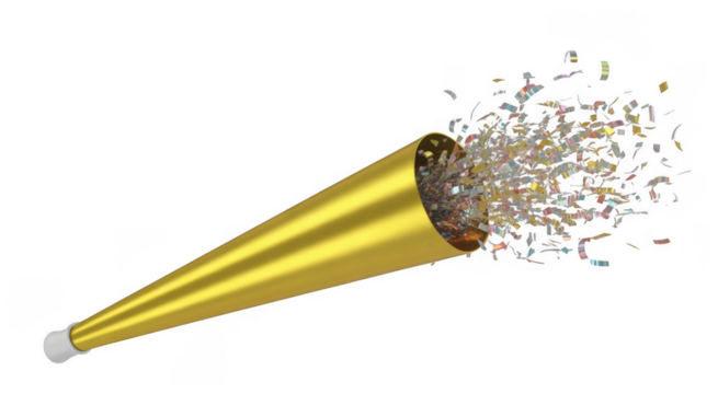 Golden party horn expelling colorful confetti and streamers isolated on a transparent background
