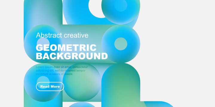 Abstract geometric background features vibrant blue, green shapes. Text promotes creative content, includes call to action button.