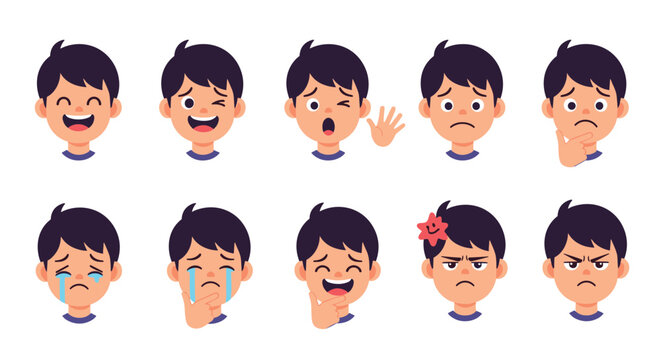 A set of a young boy's facial expressions showing a wide range of emotions from happy and sad to angry and surprised.