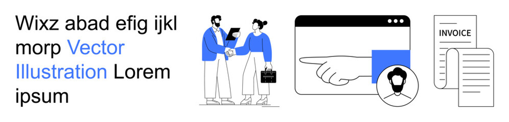 Business collaboration, digital interface, payment processing, professional documentation, online transactions, customer profiles. Two people shaking hands. Business collaboration and digital