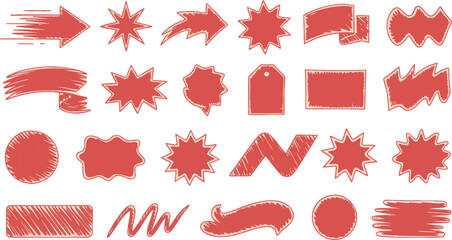 Red Hand Drawn Sketch Banners and Arrows Set - Promotional Sale Tags and Starburst Shapes