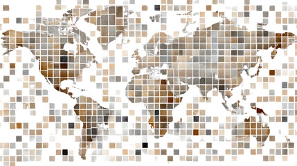 Fototapeta premium Pixelated World Map: An abstract digital representation of the world map, constructed from mosaic of textured pixels in shades of brown and grey.