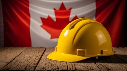 Yellow hard hat on wood with canadian flag background
