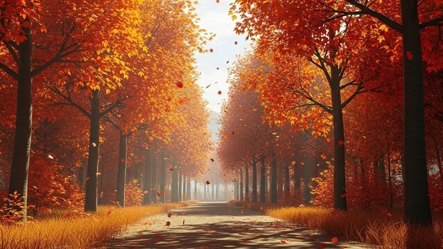 Serene journey down a sunlit path through a magical autumn forest with fiery orange foliage and falling leaves