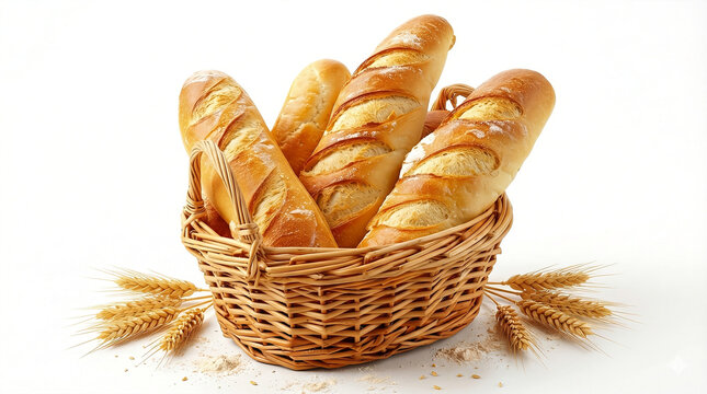 A rustic woven basket overflowing with freshly baked golden brown french baguettes and wheat stalks on a clean white background - Powered by Adobe