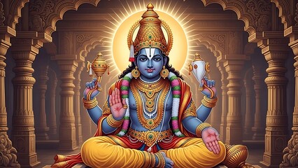 Hindu Deity Lord Vishnu Sitting in Temple with Golden Aura and Intricate Architecture